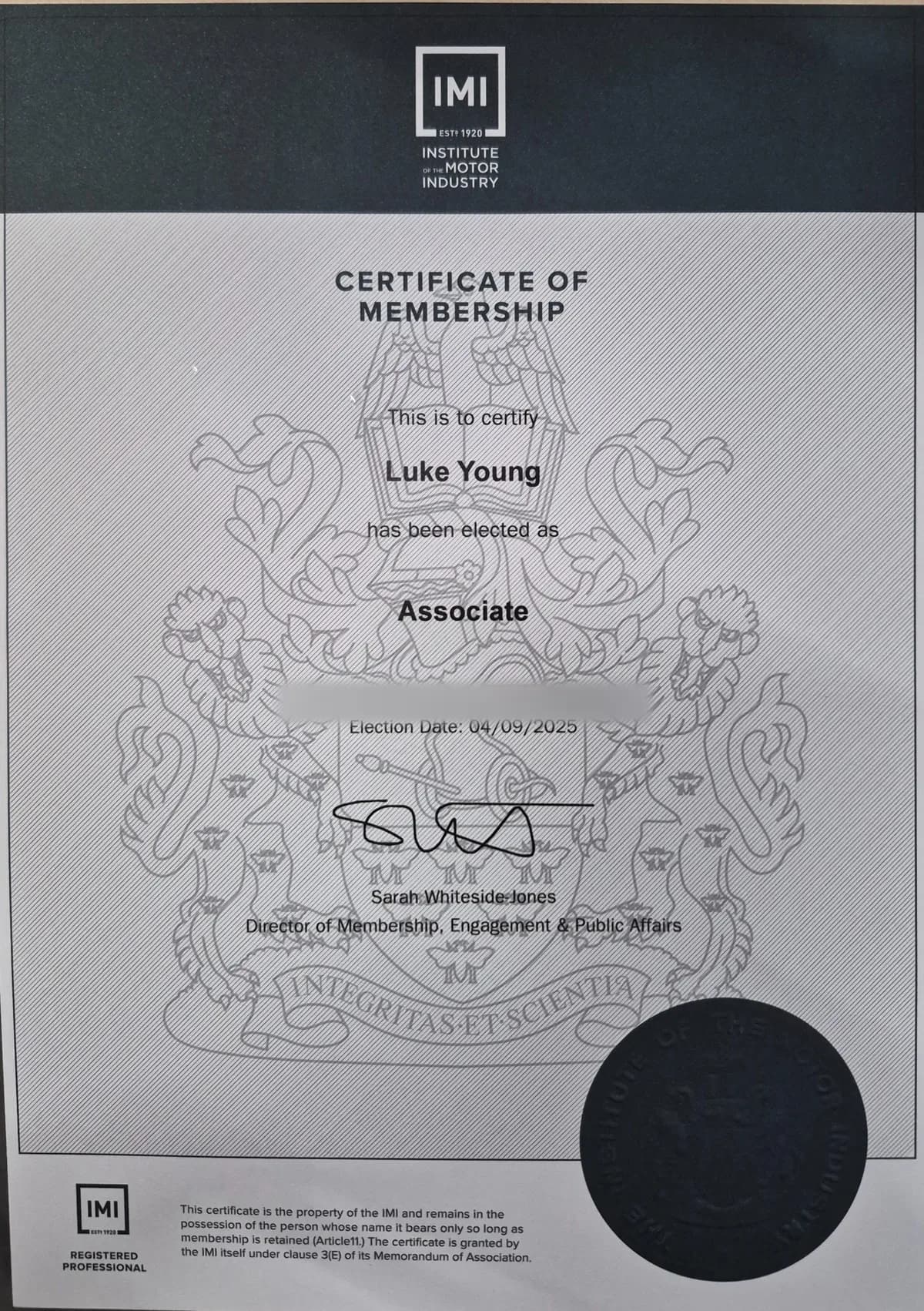 IMI Associate membership certificate held by Luke Young.