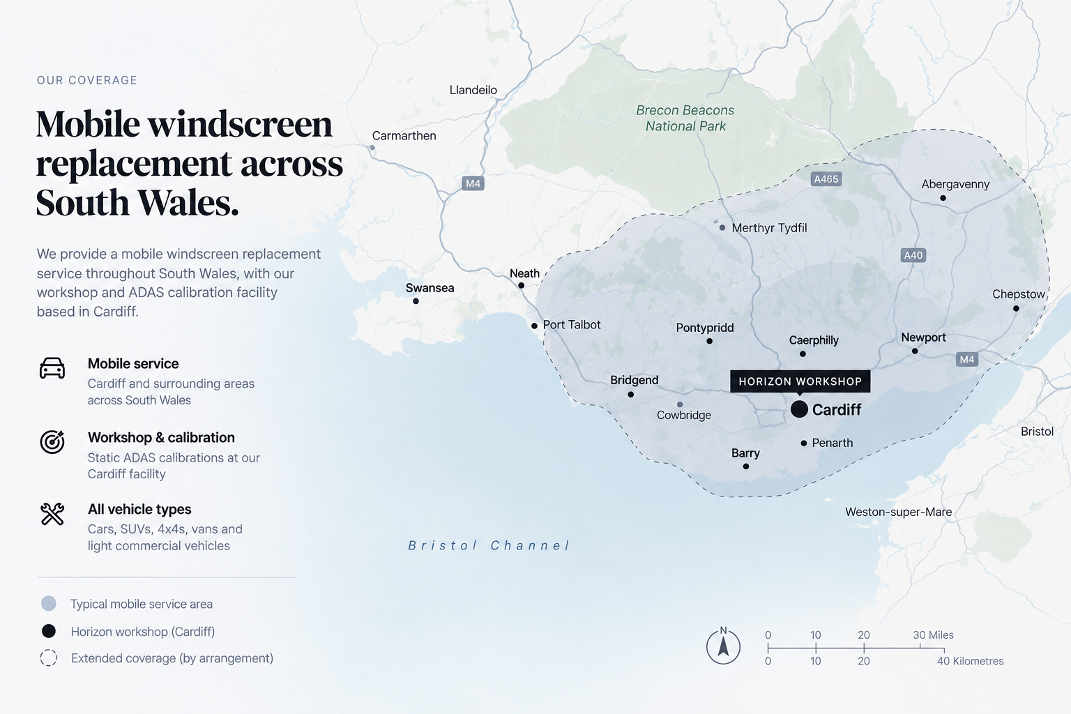 Map showing Horizon Windscreens mobile windscreen replacement coverage across South Wales from its Cardiff workshop.